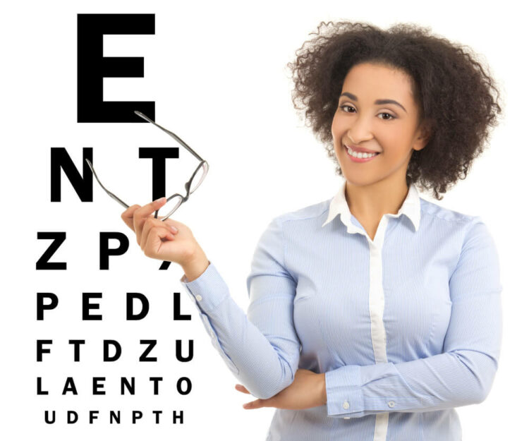 Woman with glasses and eye test chart isolated on white background